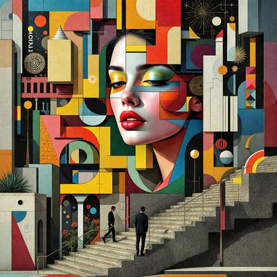 The primary subject of the image is a woman with a painted face, who is the focal point of the scene. She is surrounded by a vibrant and colorful environment, which includes a staircase and a building with a mosaic-like design. The visual style of the image is a combination of digital art and illustration, creating a unique and artistic atmosphere. The colors and mood of the image are lively and energetic, with the woman's painted face adding a touch of creativity and individual